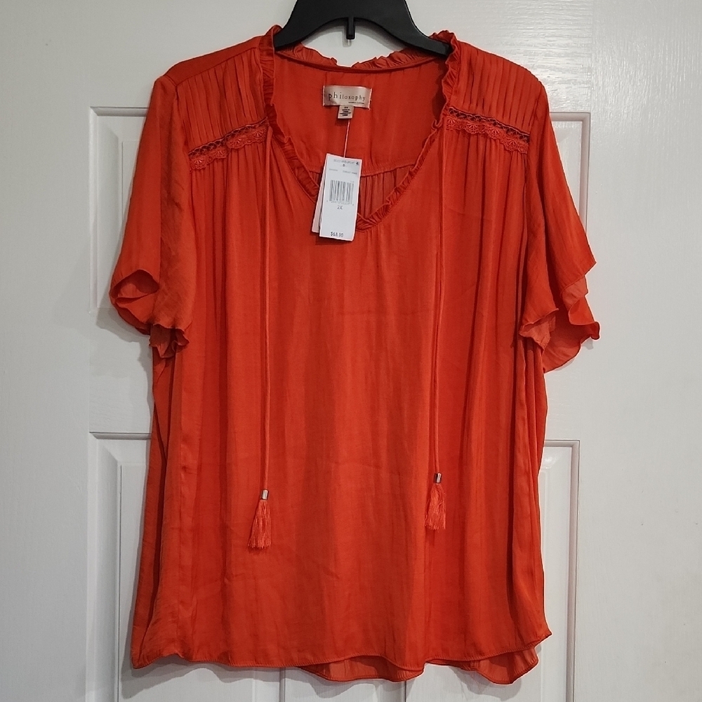 Philosophy Orange Flutter Sleeve Blouse with Tie Front